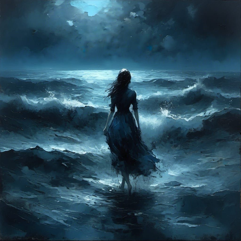 Sad Woman in Blue Monochrome Impasto Painting