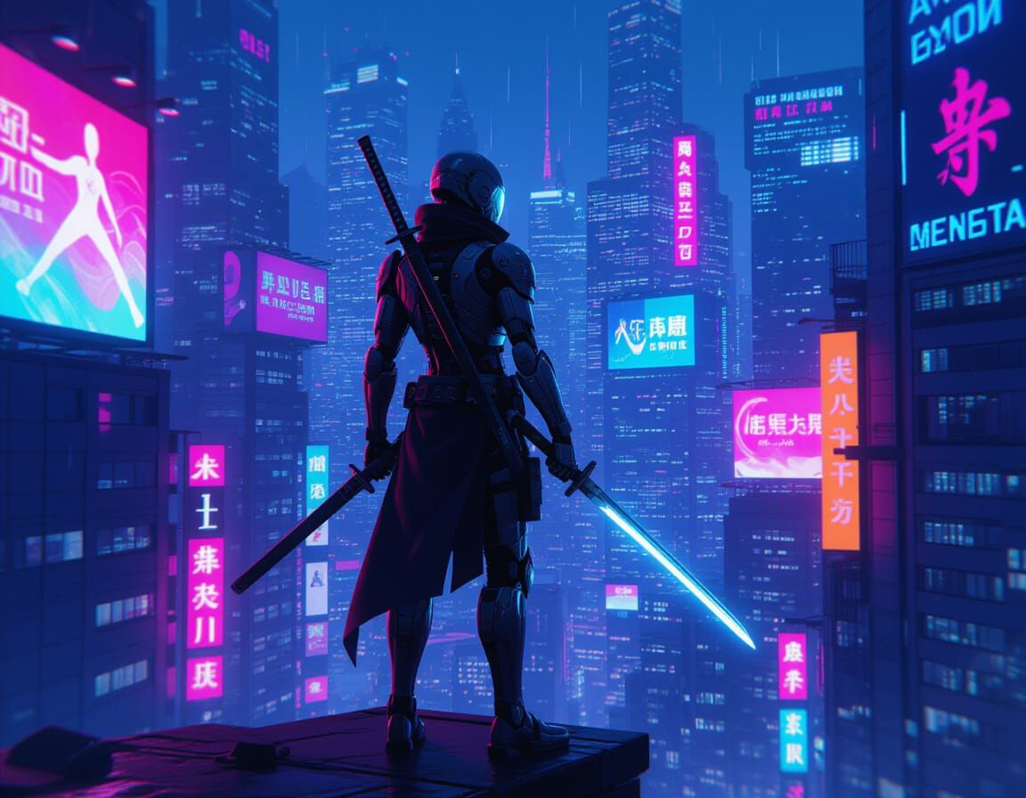 Cyborg Ninja in Futuristic Cityscape, WLOP Style