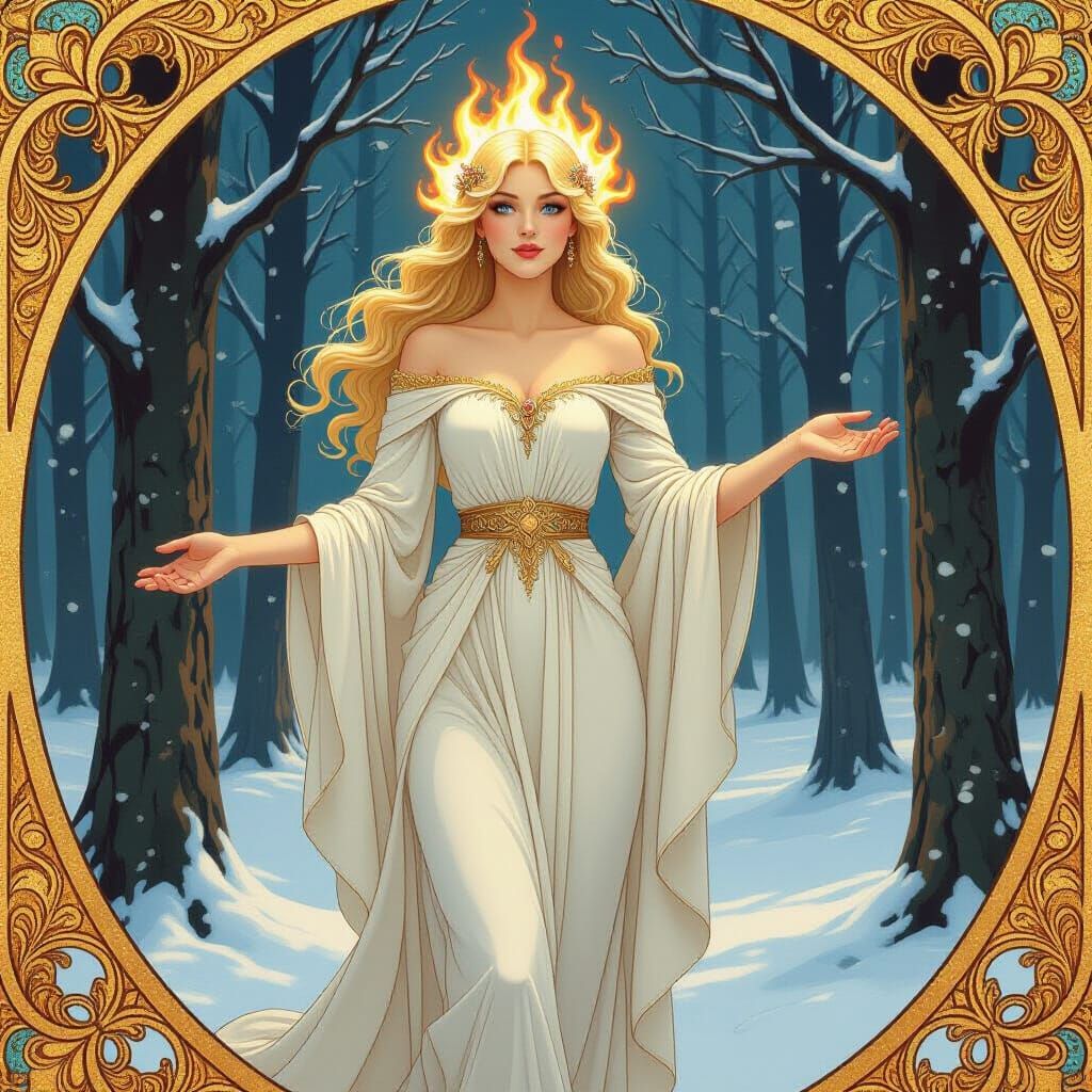 Celestial Woman in Snowy Forest with Fiery Halo