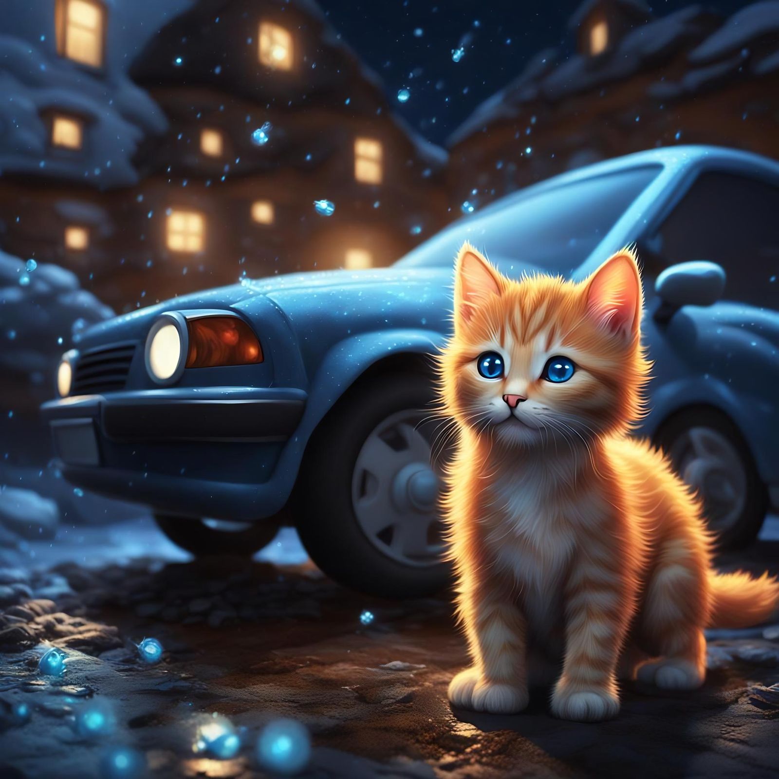 Ginger Kitten and Girl in Rainy Night Digital Art