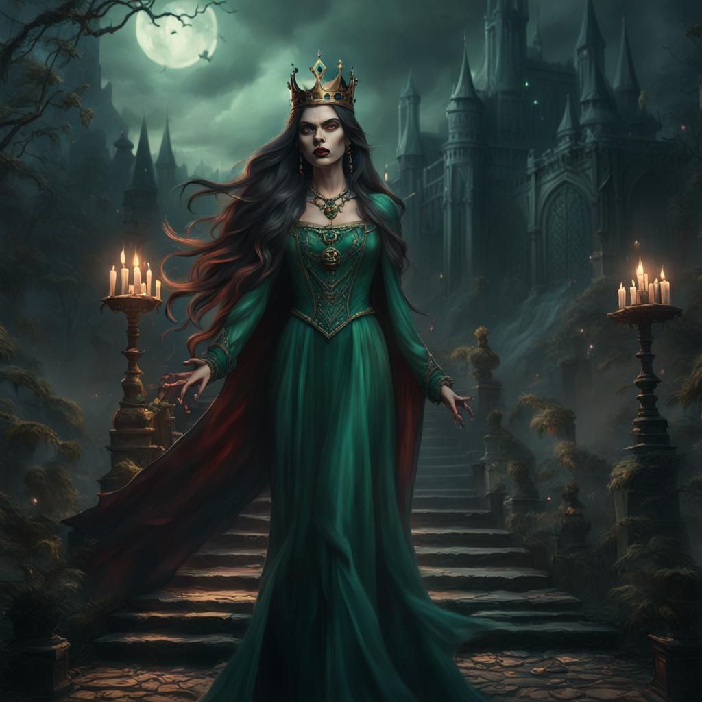 Vampire Woman with Emerald Necklace in Detailed Digital Pain...