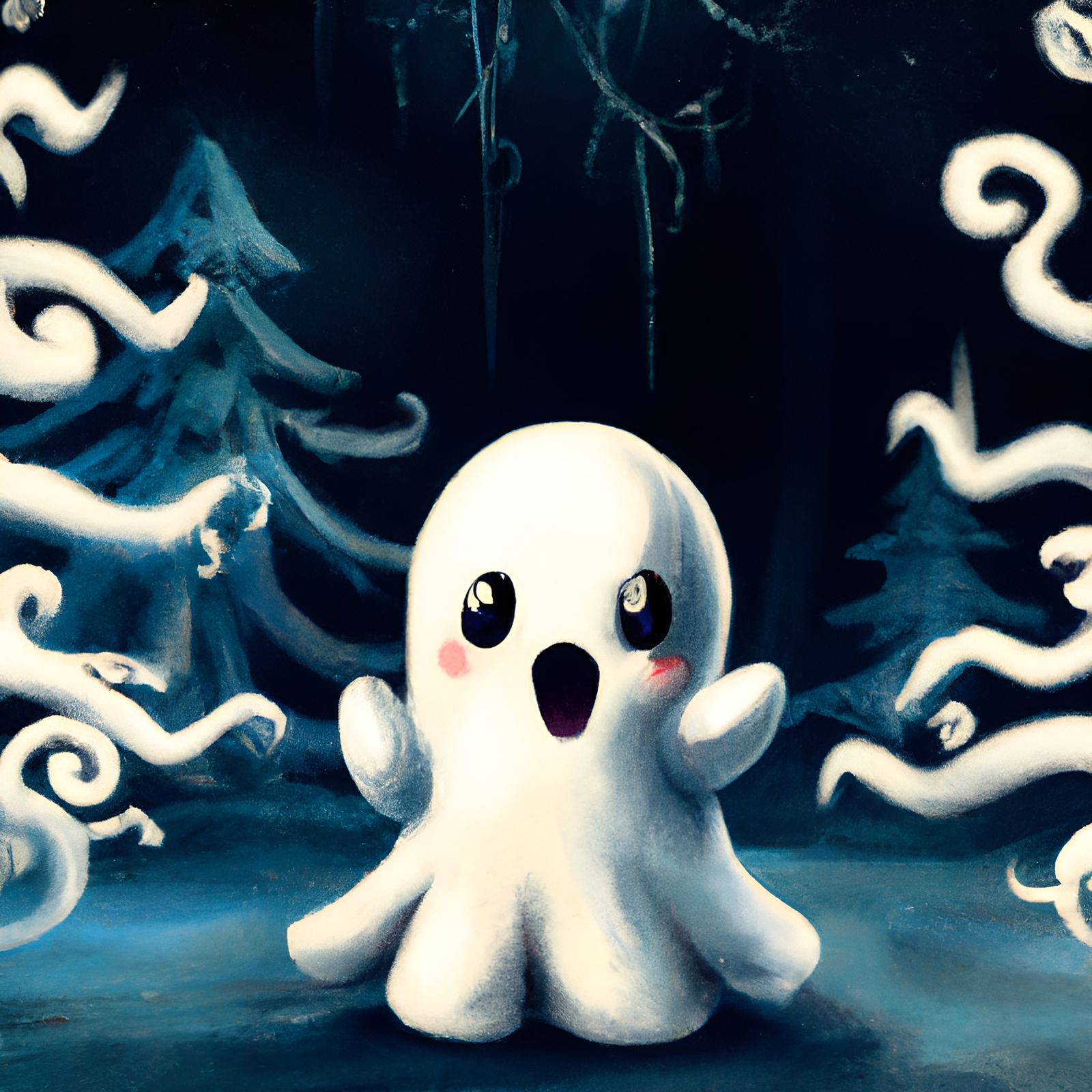 Cute Christmas Ghost in Forest: Digital Illustration