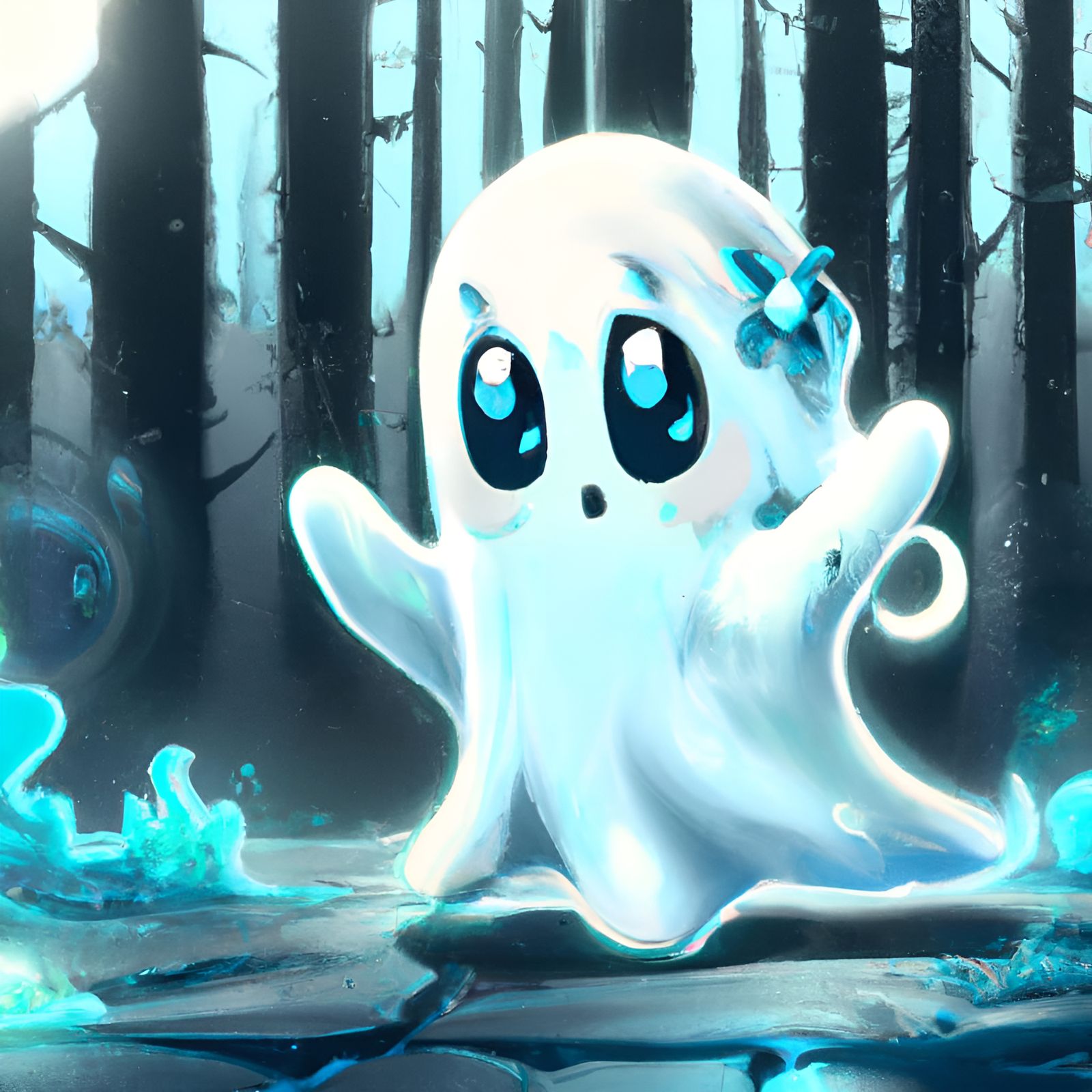 Cutest Christmas Ghost in a Forest, Digital Illustration