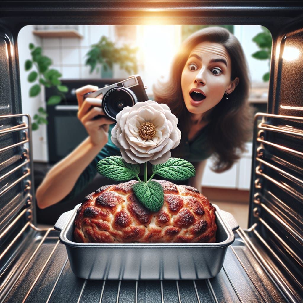 Surreal Flower Surprise in Oven, Sharp Focus Photography