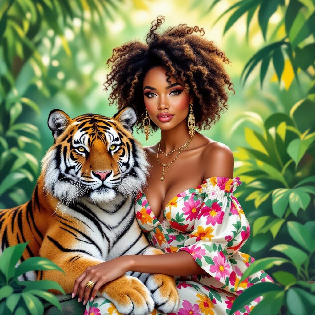 Elegant Woman and Tiger in Whimsical Watercolor