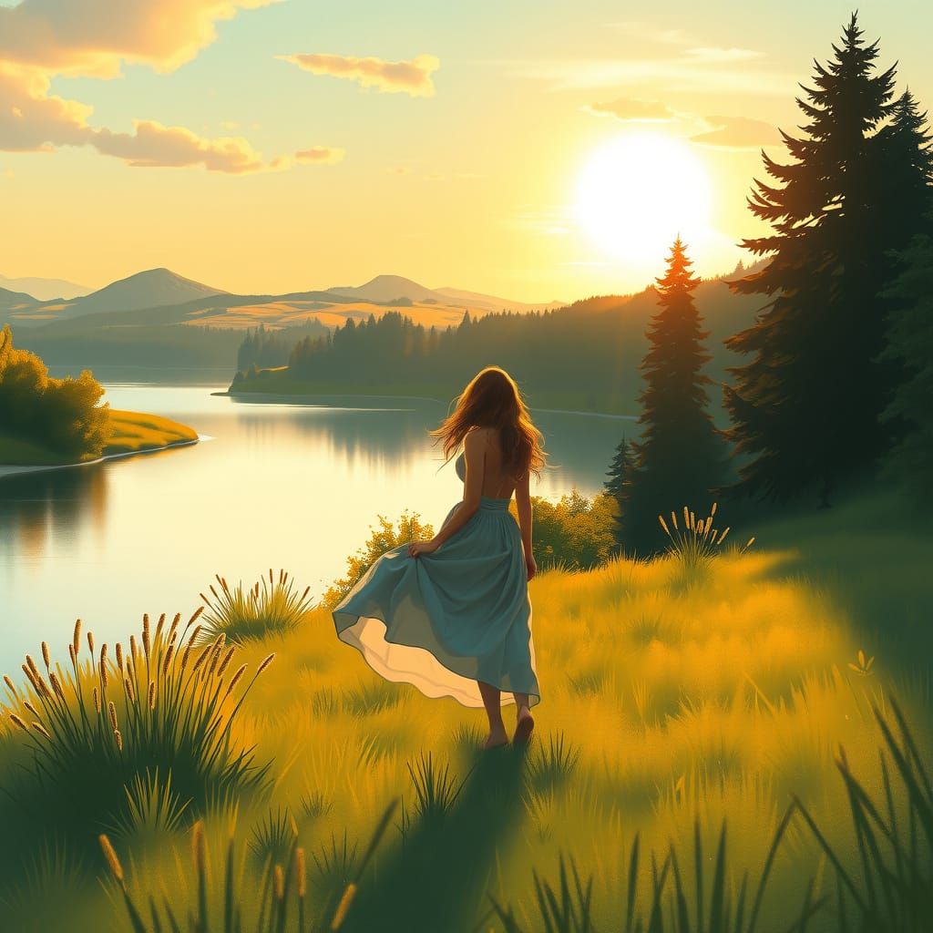 Woman in Meadow at Sunset: Whimsical Art