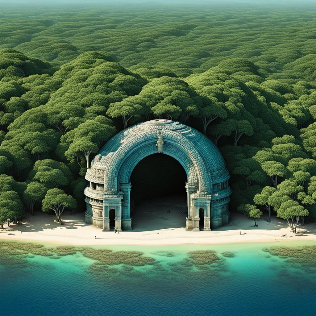 Time Portals on Enigmatic Island: 3D Digital Art