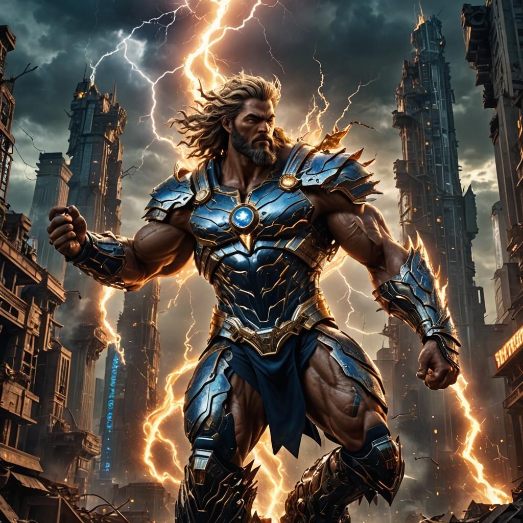 Futuristic Zeus with Lightning Bolt in Cyberpunk City