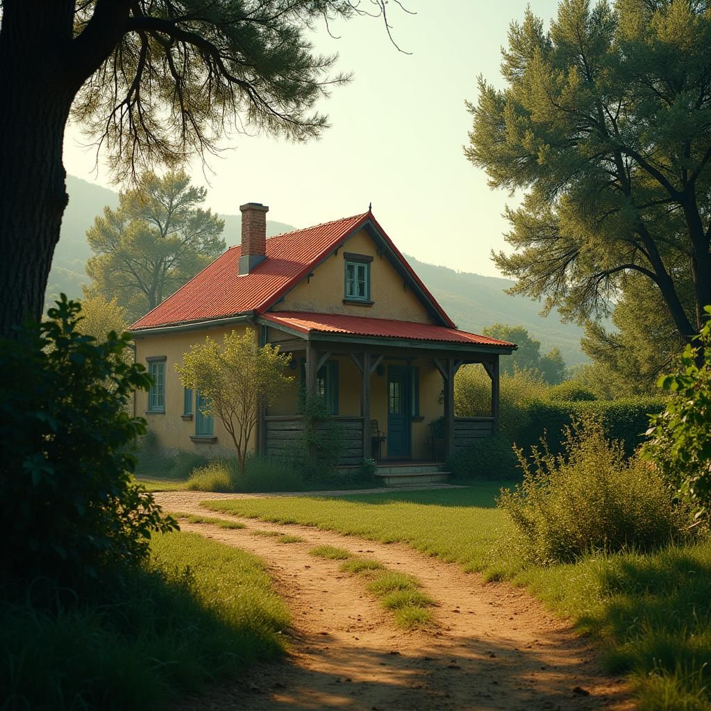 Rustic House with Red Roof in Cinematic Style
