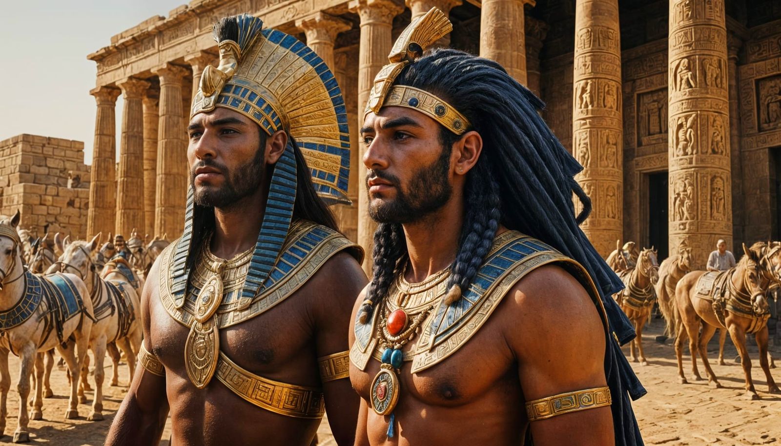 Ancient Egyptian Pharaoh Rides Chariot Through Vibrant Thebe...