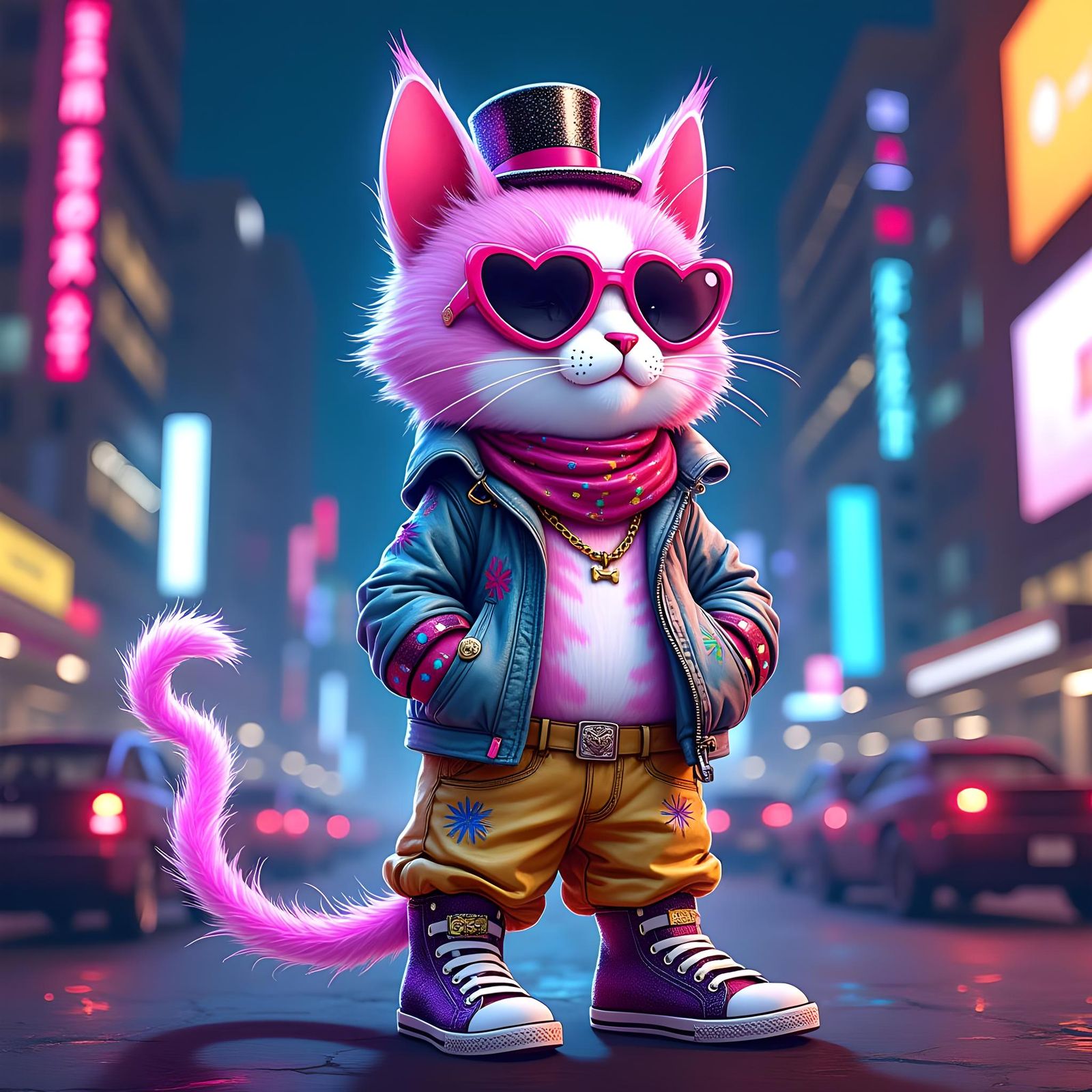 Cartoon Cat in Neon City, Graffiti Art Style