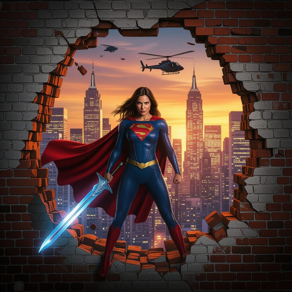 Fierce Woman Breaks Through Wall to Cityscape