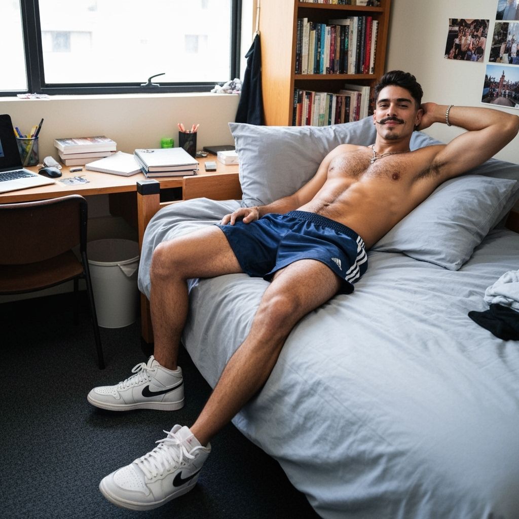 Man Relaxing in Messy Dorm Room