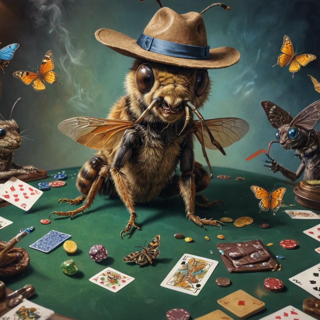 Insects Play Poker in Hyperrealistic Oil Painting