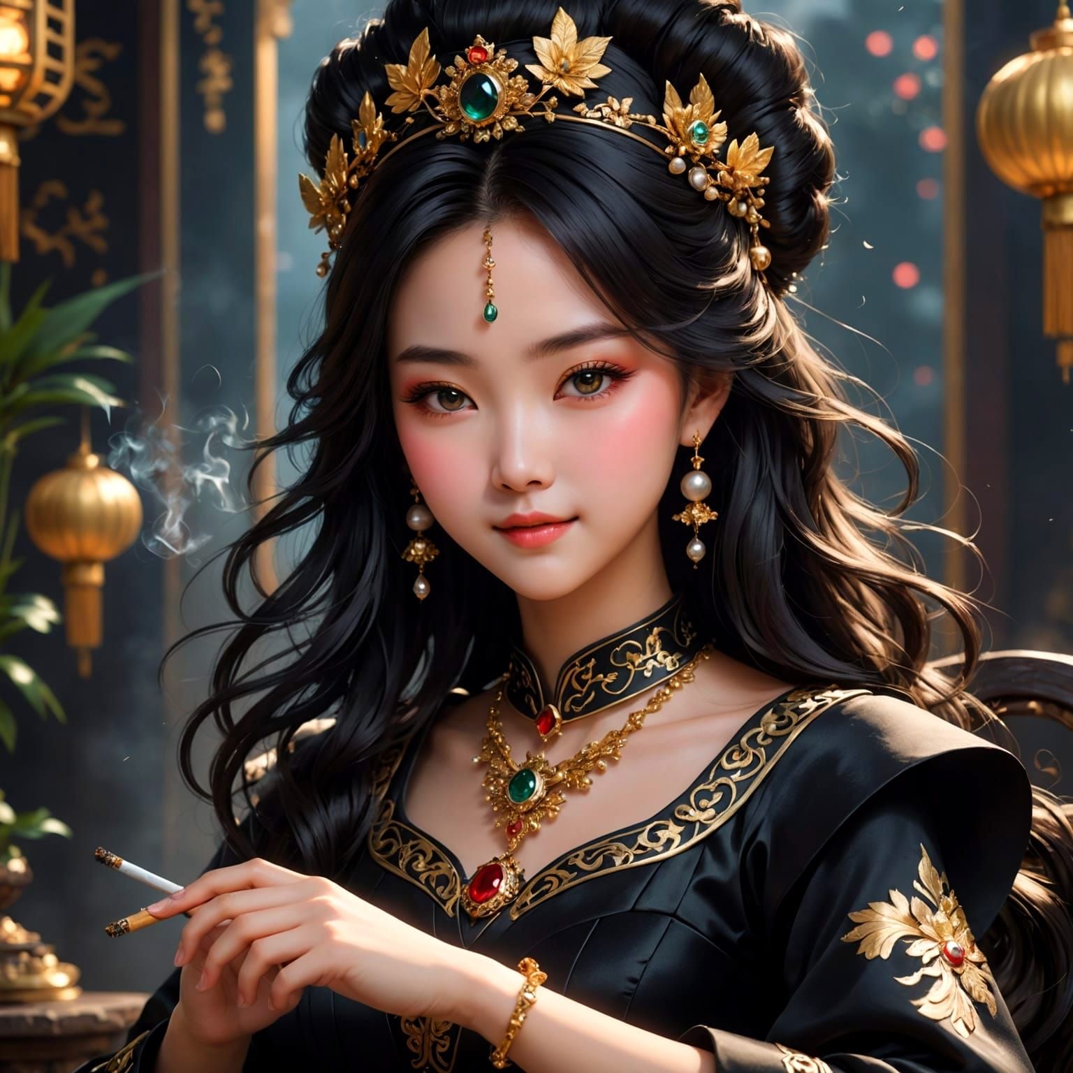 Cute Chinese Goddess in Lavish Black Silk with Jewellery