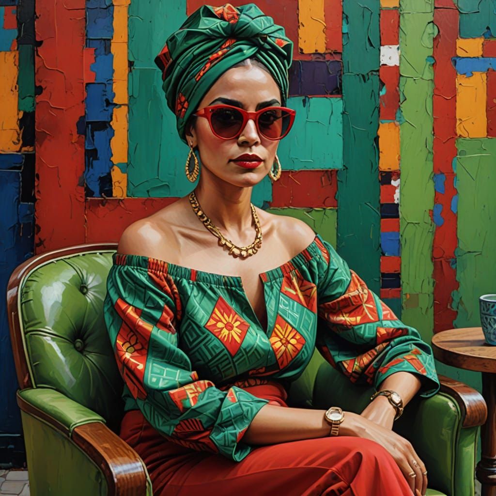 Modern Chic Hispanic Woman in Vibrant Geometric Pattern