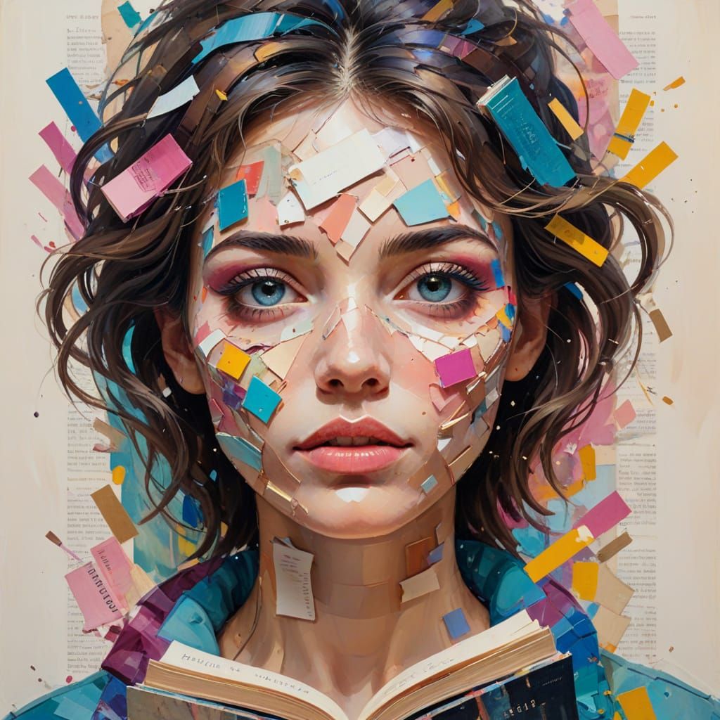 Abstract Woman's Face & Books in Expressive Oil Painting Sty...