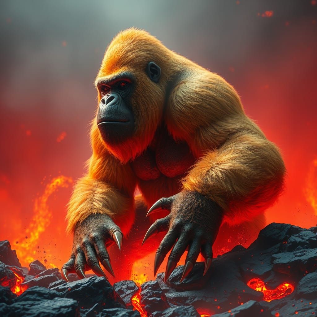 Golden Gorilla in Lava Vortex: Fantasy Concept Art