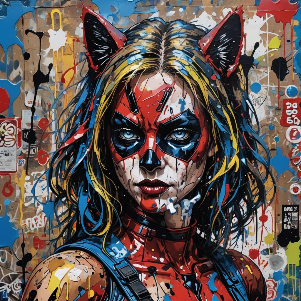 Muscular Feline Deadpool in Pop Art Style