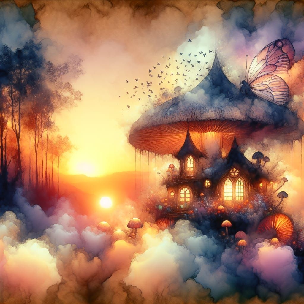 Whimsical Fantasy Scene in Watercolor Smoke Art