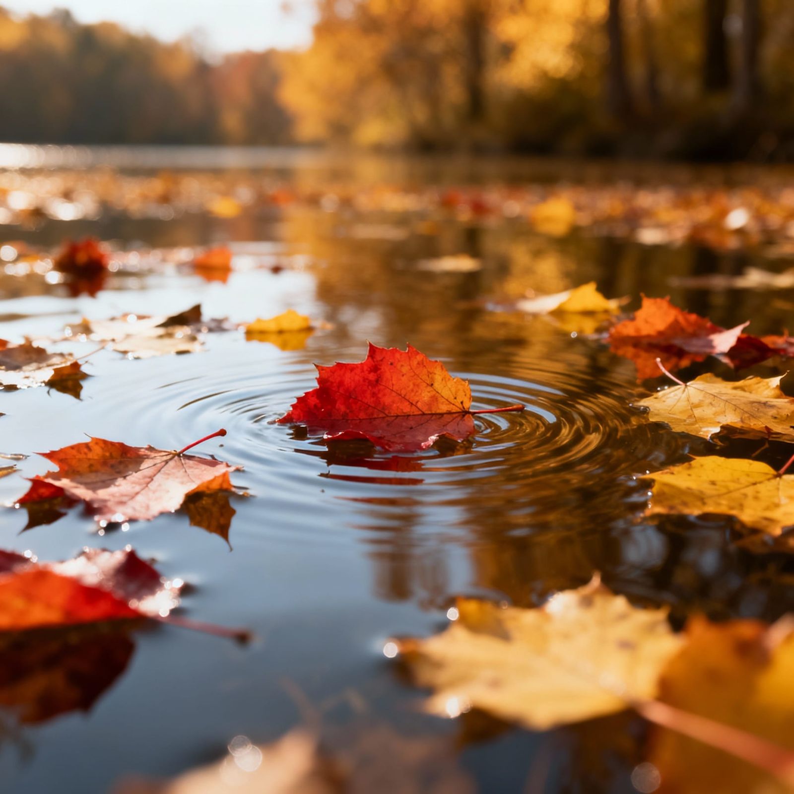 Autumn Leaves Gently Floating on Water