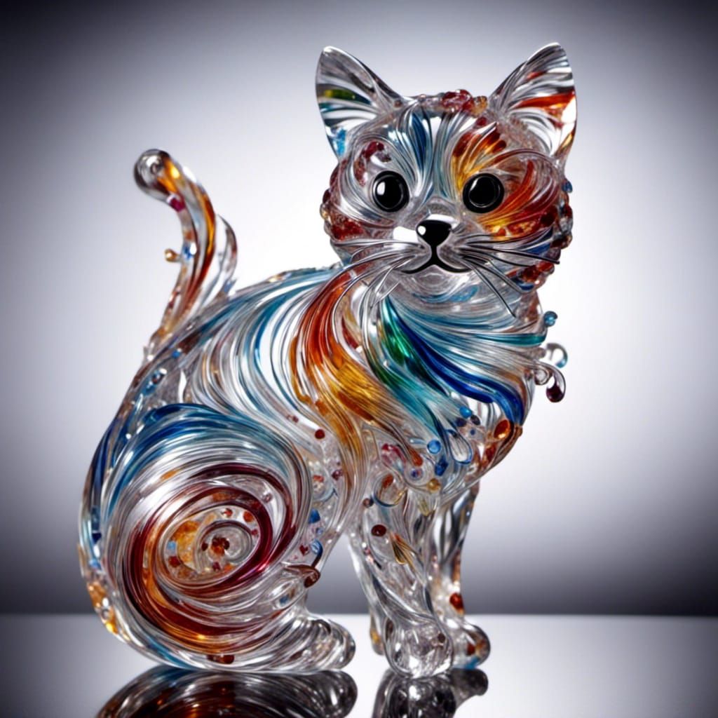 Translucent Glass Cat Sculpture with Crystal Ribbons