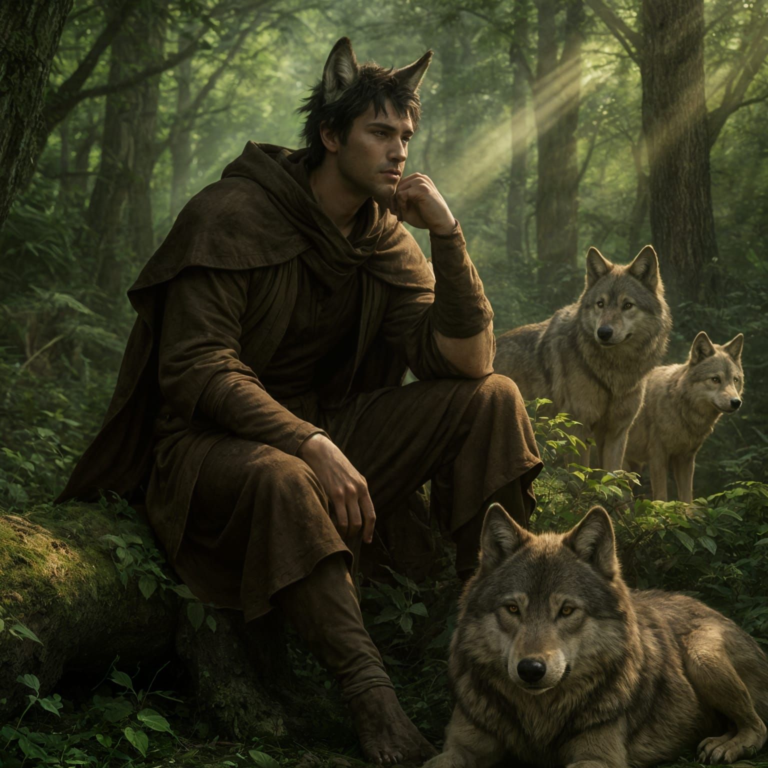 Wolf-Man Contemplation in Forest Shadows