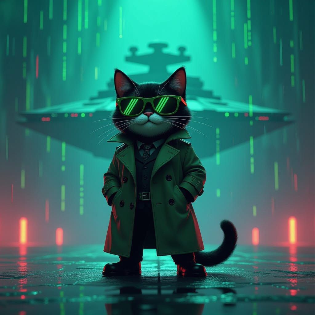 Felix the Cat in a Matrix-Inspired Cyberpunk Scene