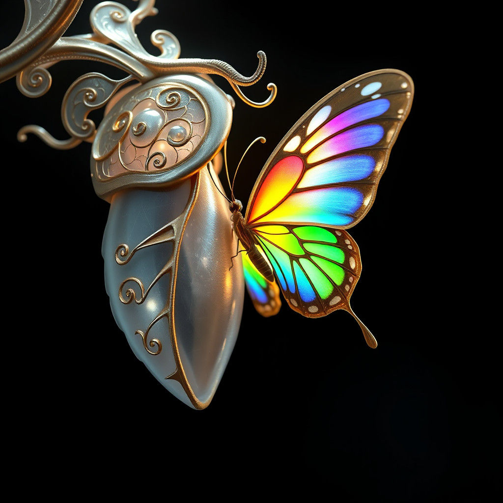 Rainbow Butterfly Emerges from Crystal Chrysalis