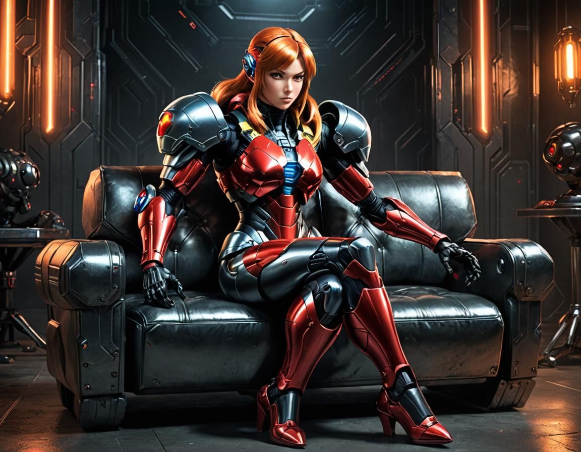 Samus Aran Relaxing in Power Armor: Digital Art