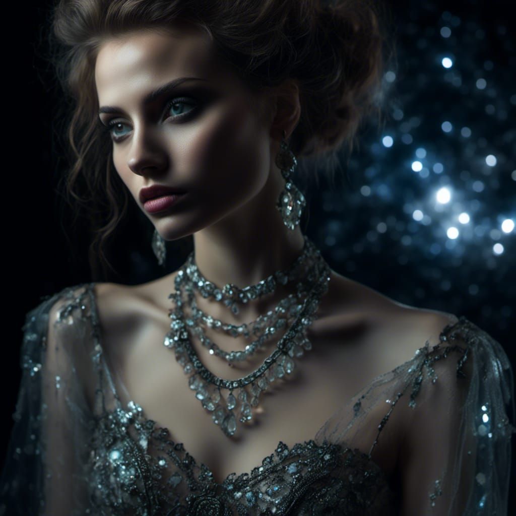 Woman in Glass Dress with Night Sky Background