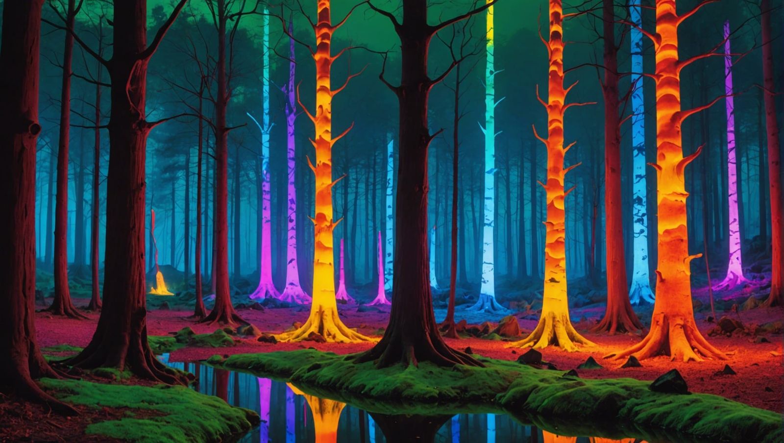16k resolution, art by Hieronymus Bosch, James Turrell, Wassily Kandinsky, Peter Max, a mystical forest where towering l...
