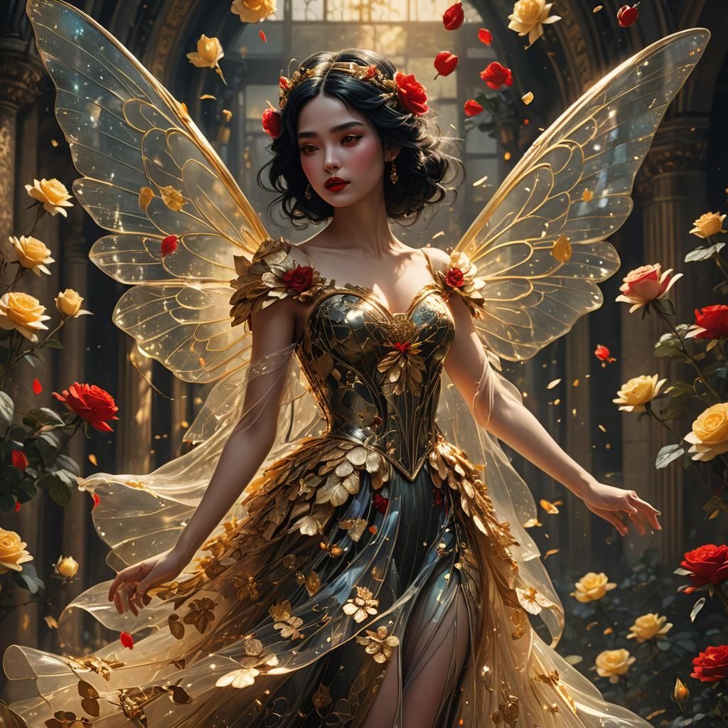 Luminescent Fairy with Golden Roses in Flight