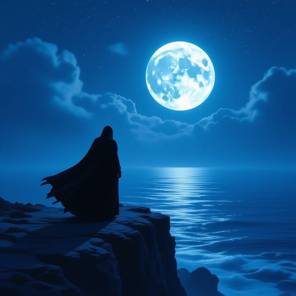 Lone Figure on Cliff Overlooking Starry Ocean