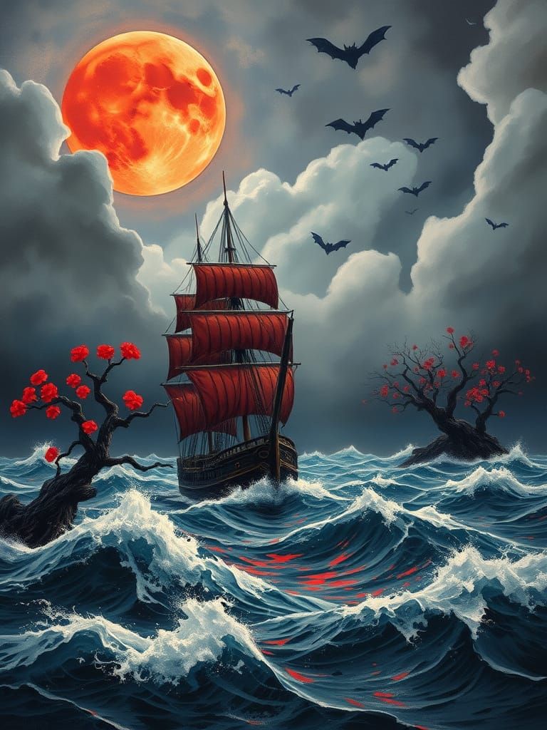Chinese Tall Ship Sailing Under Red Moon