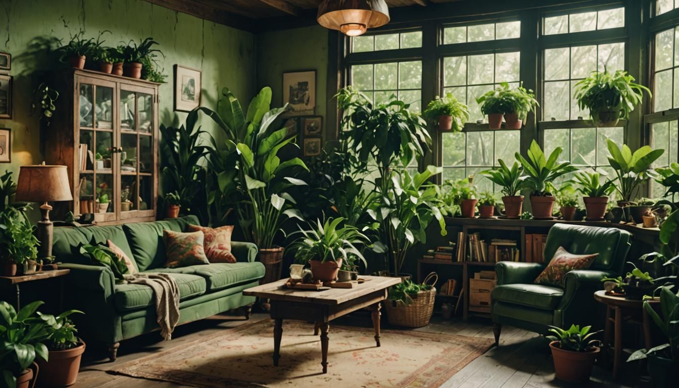 Rustic Living Room Greenhouse in Cinematic Style