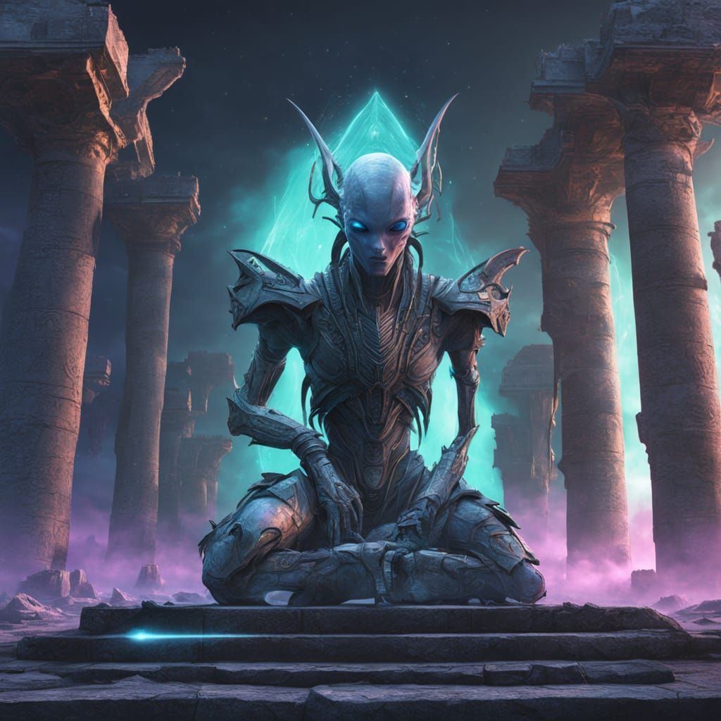 Alien Queen in Ruins with Bioluminescent Runes