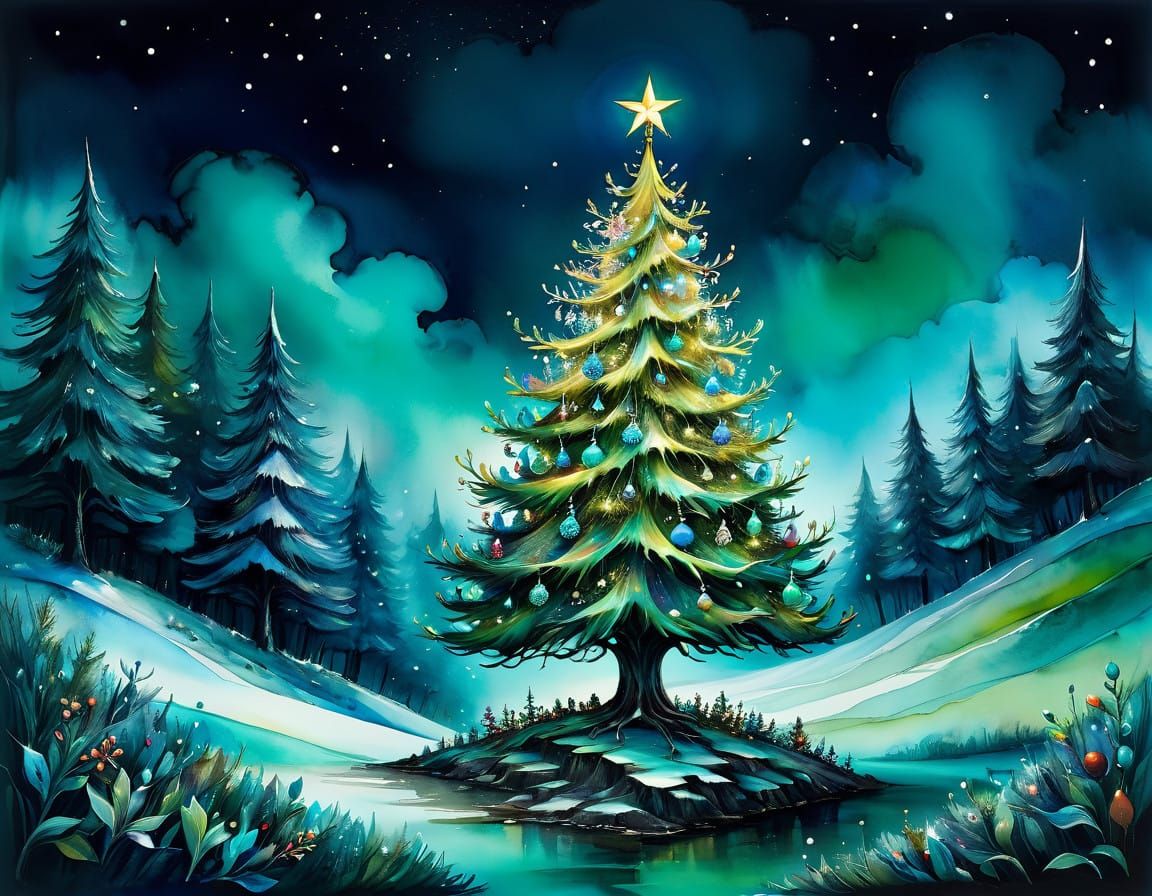 Whimsical Christmas Tree in Moonlit Splendor
