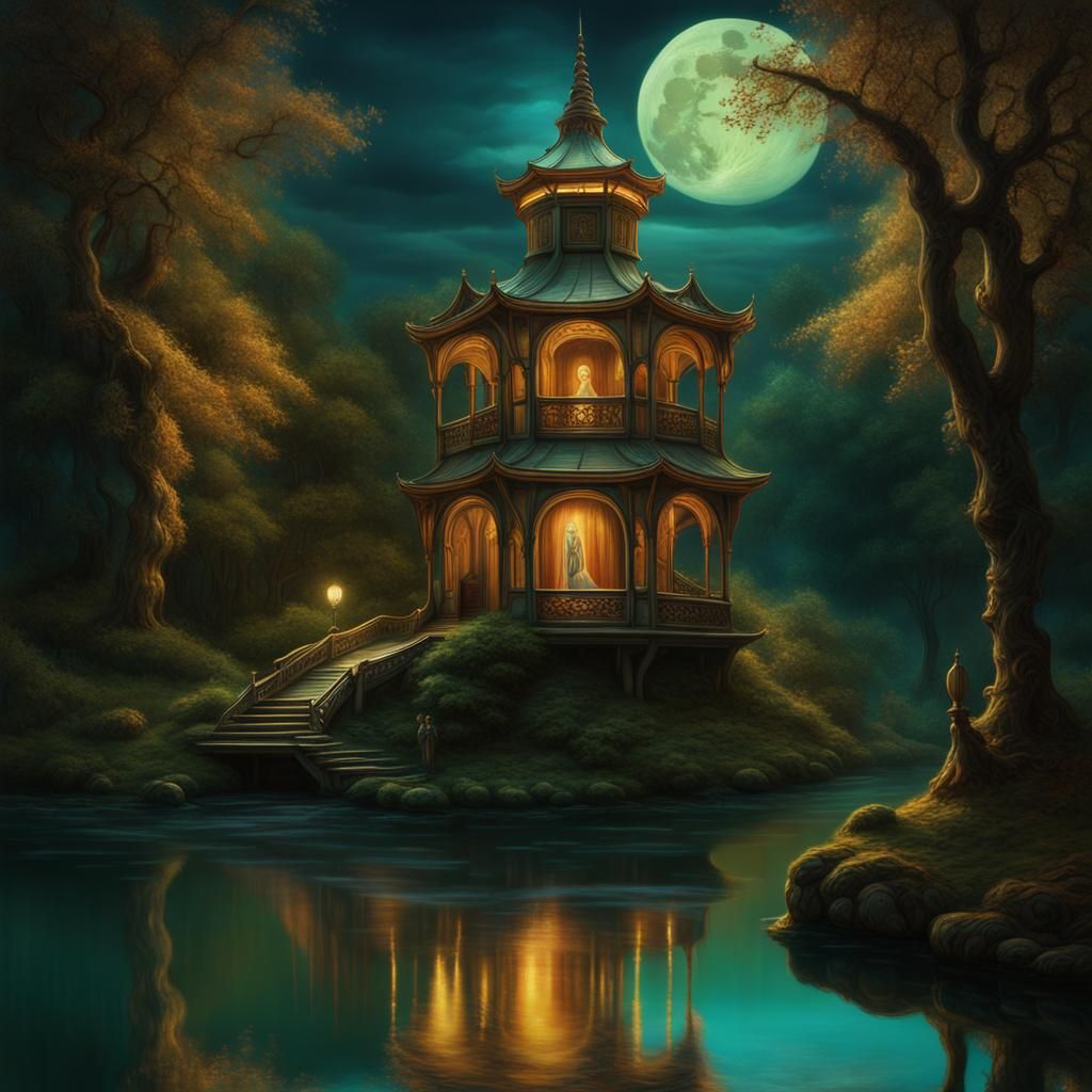 Enchanted Pagoda with Surreal Creatures in Moonlight