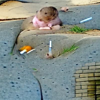 Pregnant Gerbil Smoking on Sidewalk: Unusual Scene