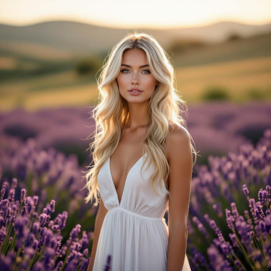Platinum Blonde Woman in Lavender Field at Sunset