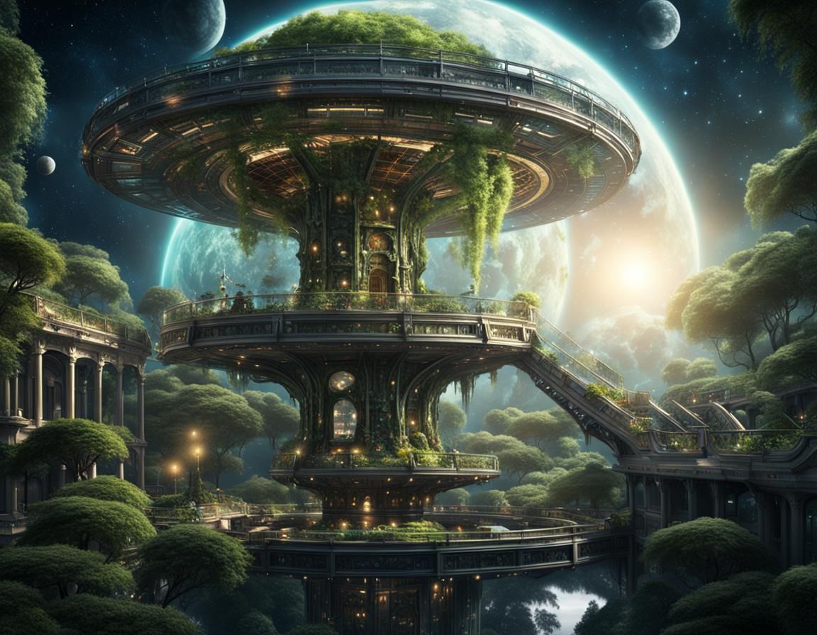 Orbital Atrium Garden in Space: Digital Matte Painting