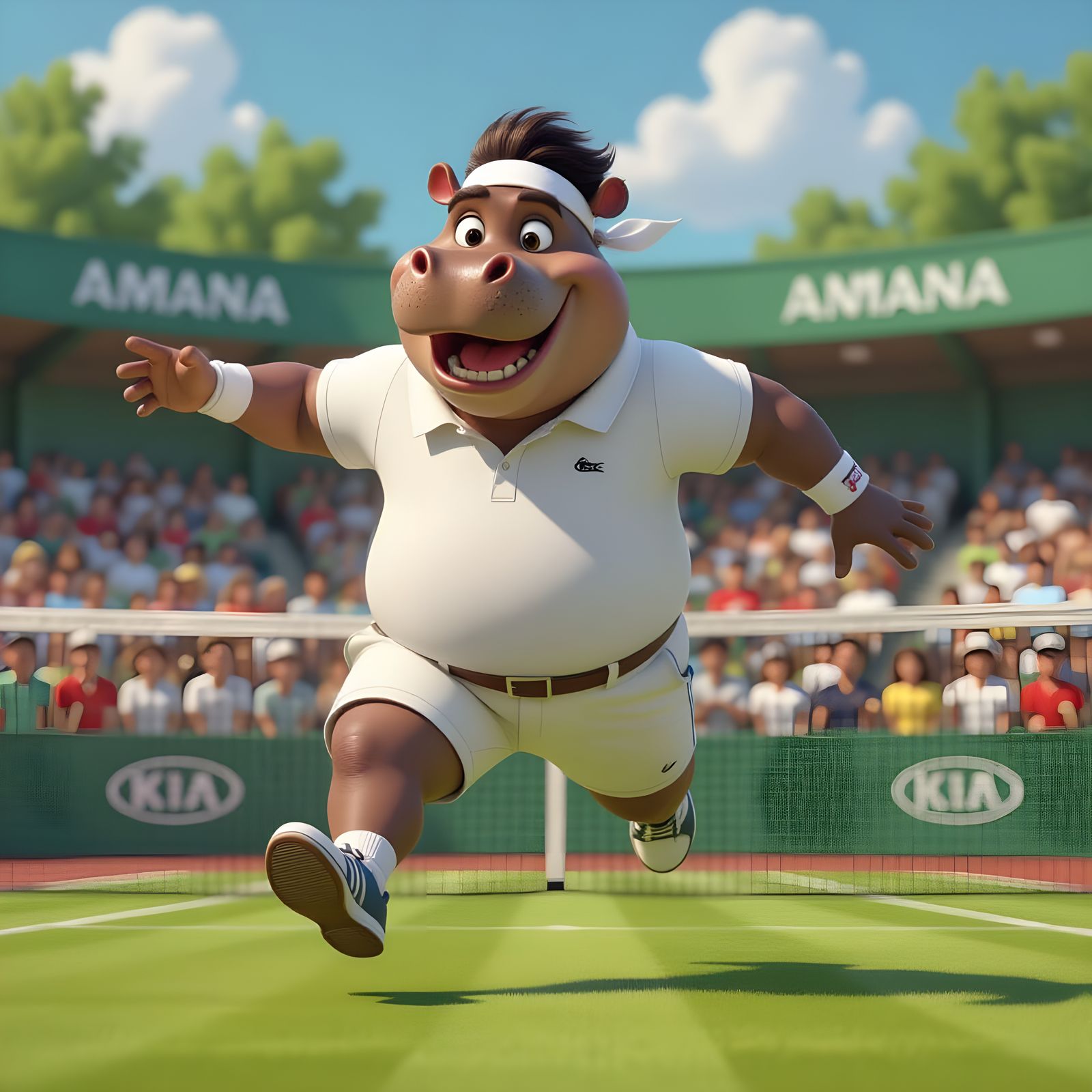 Joyful Hippo Celebrates Tennis Victory: Pixar-Style