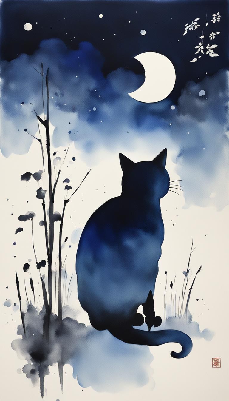 Minimalist Cat and Moon in Chinese Ink Painting