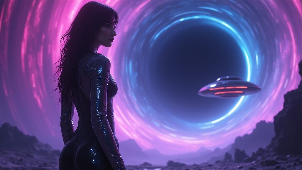 Sci-Fi Scene: Woman Near UFO Over Black Hole