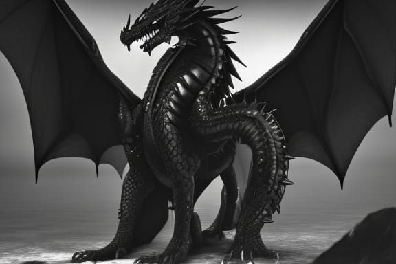 Fierce Black Dragon with Glowing Eyes in Fog