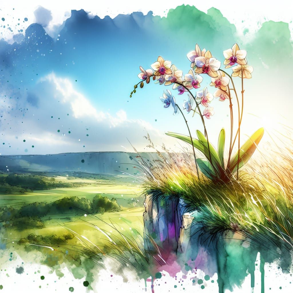 Vibrant Orchid on Lush Cliff in Watercolor Style