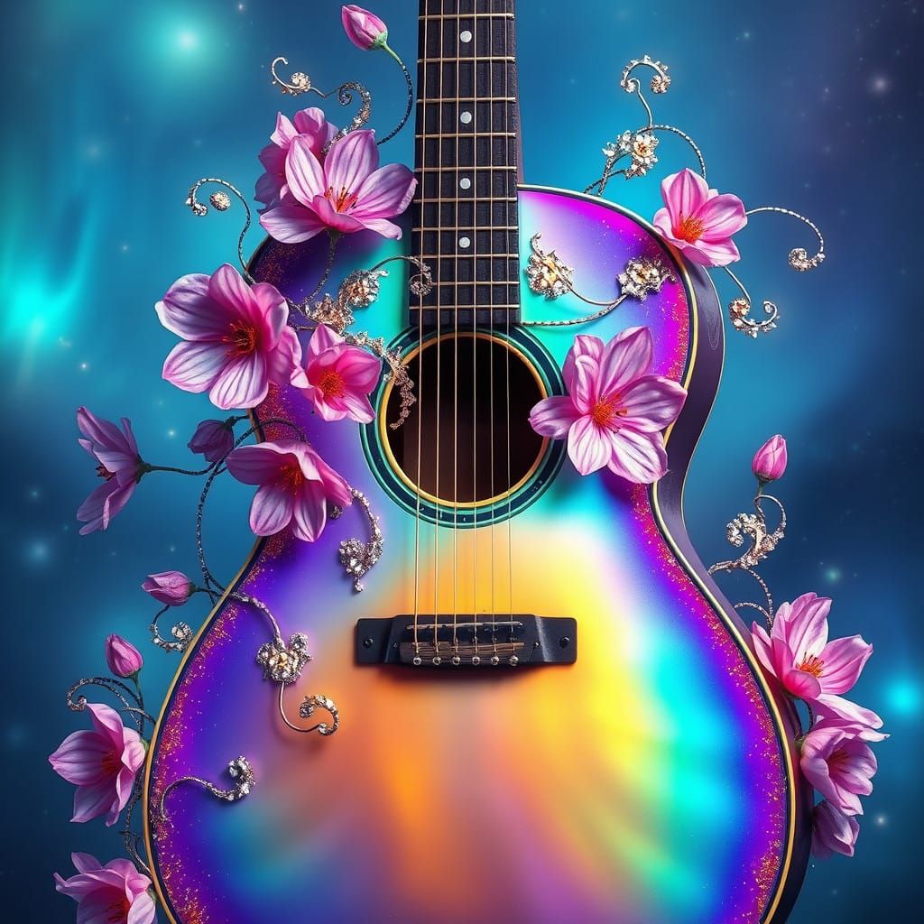 Luminescent Guitar Blooms with Celestial Flowers