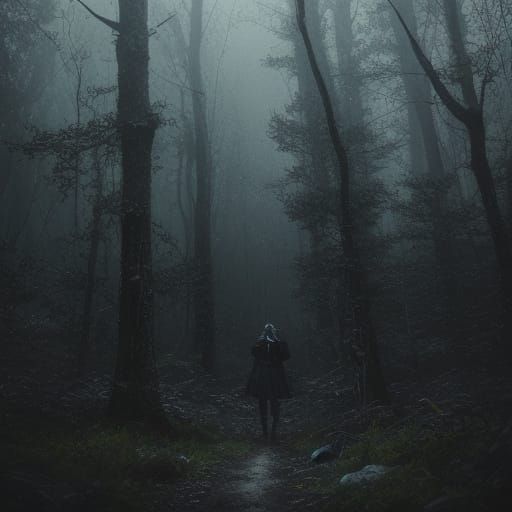 Dark Fantasy Figure in Stormy Night Forest