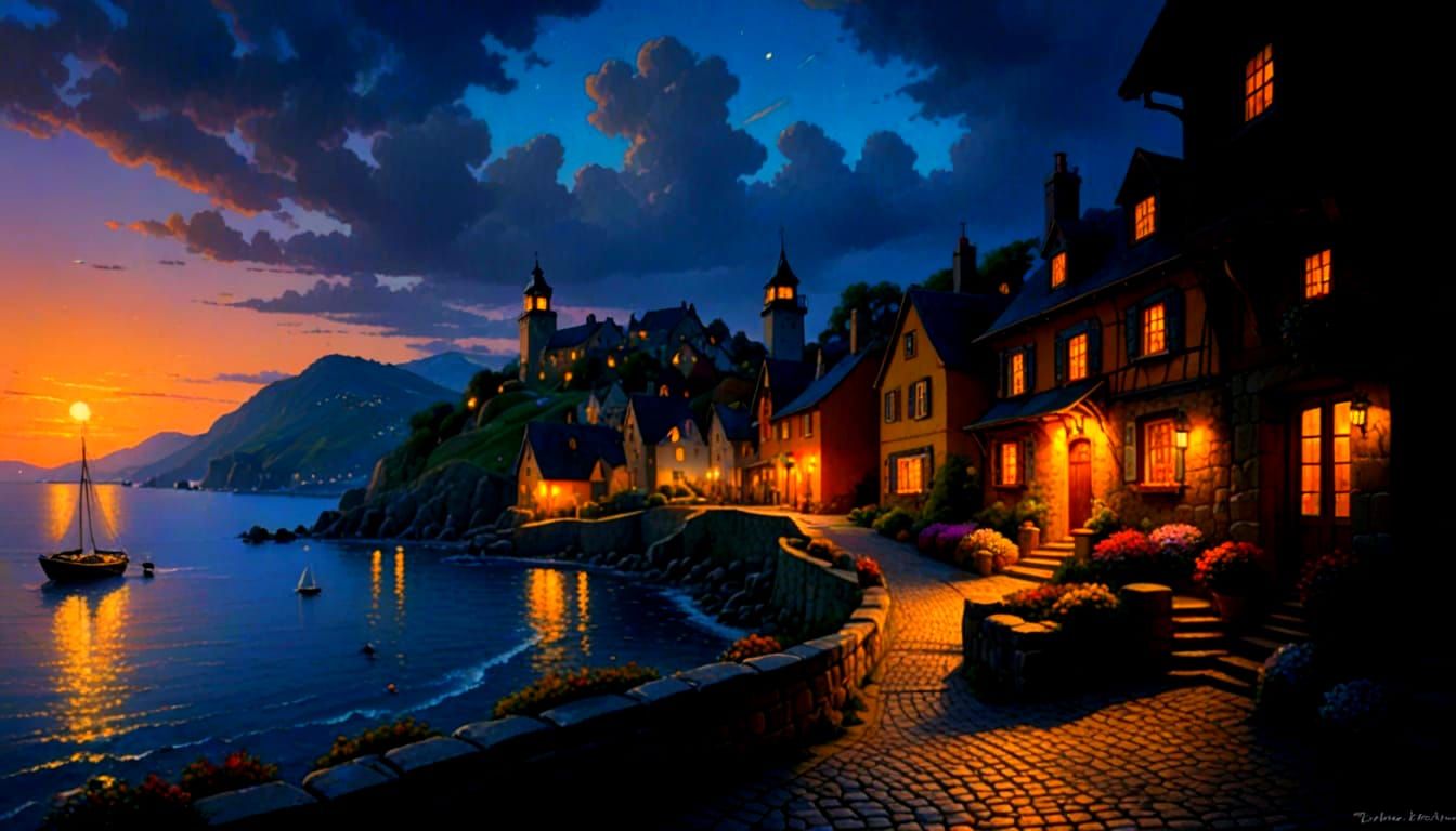 Seaside Village Path: A Thomas Kinkade Style Painting